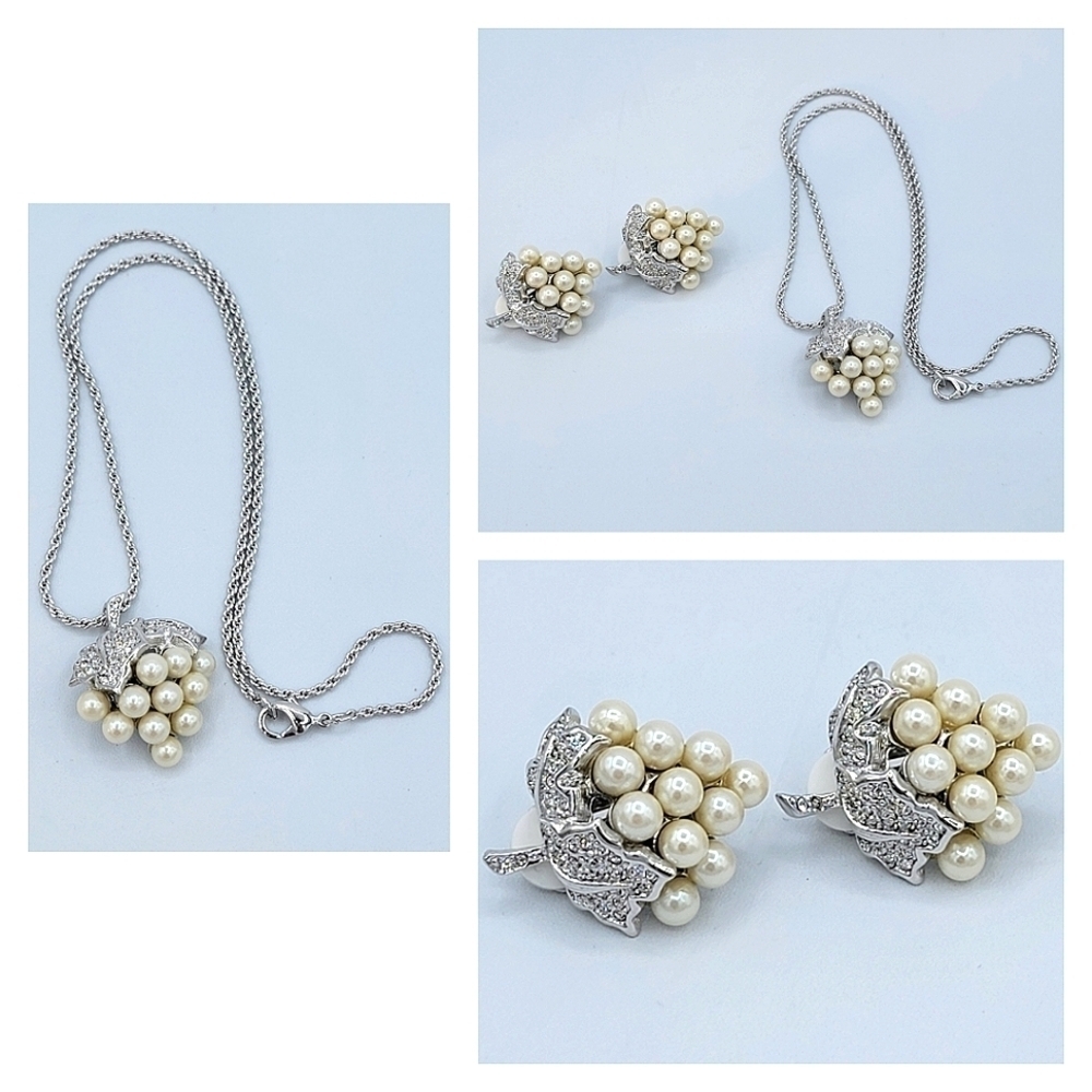 Vintage Necklace & Earrings Set Faux Pearls & Crystals #1706